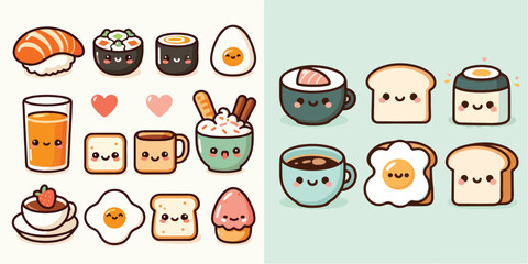 Flat vector collection of cute kawaii food icons with happy faces: sushi, toast, coffee, eggs. Minimalist design, pastel colors, white background