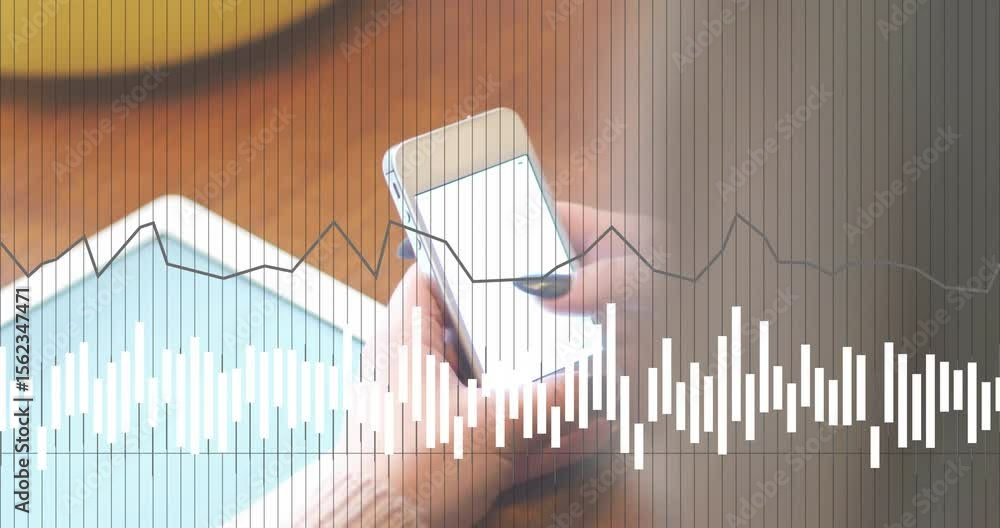 Poster hand entering frame with smartphone, worker tapping screen and browsing tech with waveform overlay
