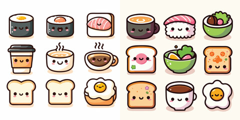 Flat vector collection of cute kawaii food icons with happy faces: sushi, toast, coffee, eggs. Minimalist design, pastel colors, white background