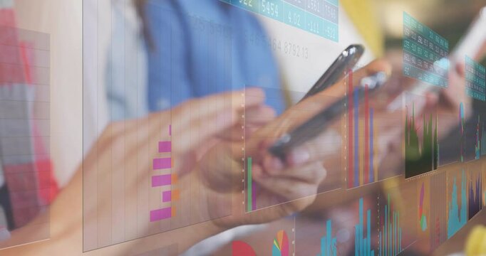 Three coworkers tapping phone and tablet screens animating charts while reviewing performance data