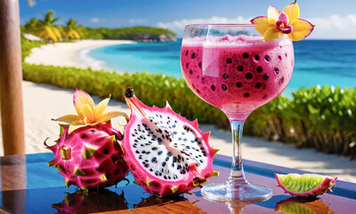 Refreshing dragon fruit cocktail with orchid garnish by the poolside, overlooking a tranquil turquoise beach with a thatched cabana
