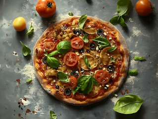 A round pizza topped with various vegetables, including tomatoes, basil, olives, and cheese.  Fresh ingredients scattered around
