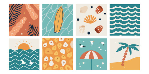 Eight Summer Themed Naive Art Illustrations Bundle