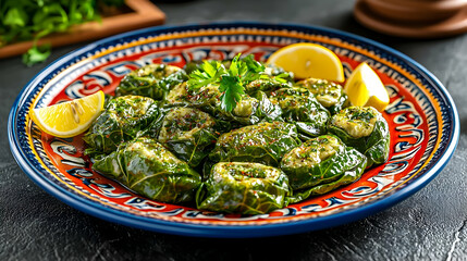 Stuffed grape leaves, vibrant dish of rolled greens.  Lemon slices add a touch of acidity