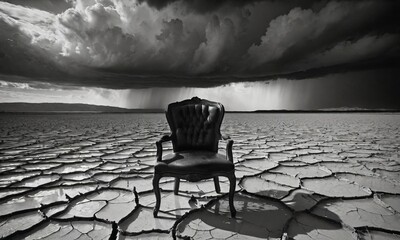 Wooden chair submerged in water on cracked earth under dark cloudy sky with sun rays and distant rain