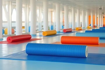 Yoga studio background with mats and pillows