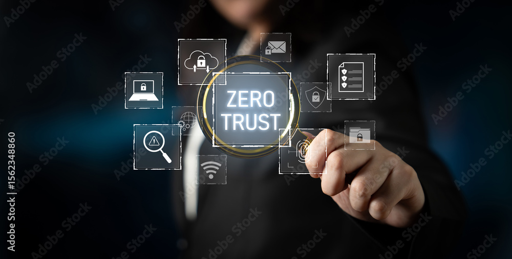 Poster zero trust model enhances data protection. zero trust blocks unauthorized access, secures devices, z