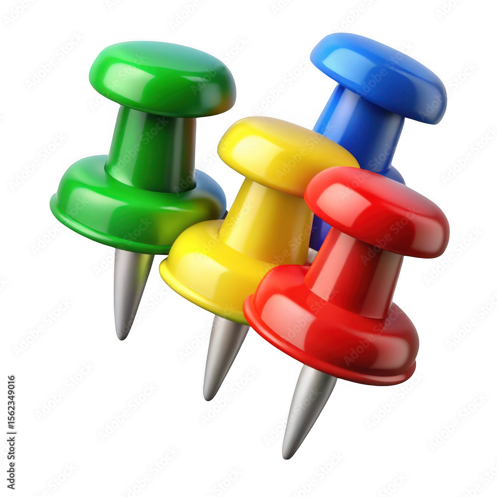 Poster colorful push pins group isolated on transparent background