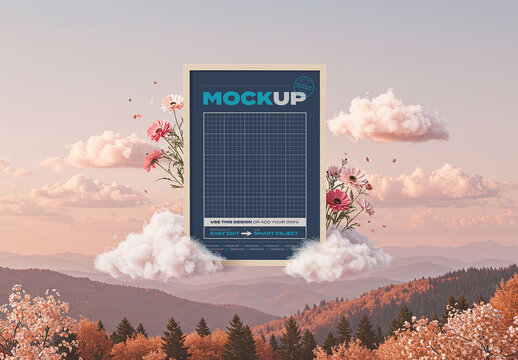 Nordic Poetic Pink Landscape Poster Frame Mockup on Clouds