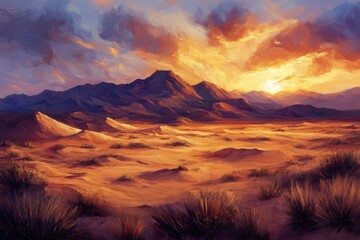 Naklejka premium Serene sunset over desert dunes highlighting undulating sands and distant mountain silhouettes, Desert Dunes