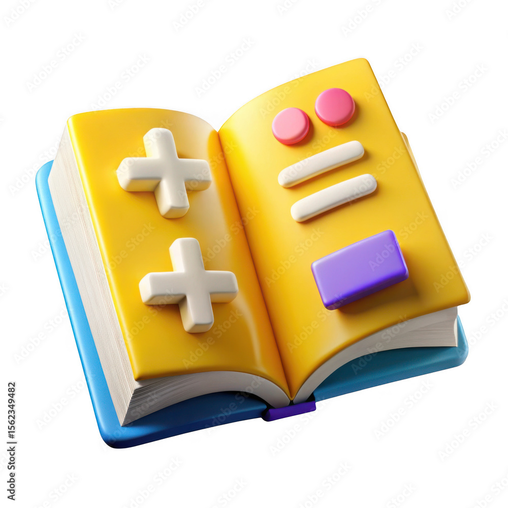 Poster 3d render of an open book with math symbols isolated on transparent background