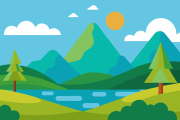 Fototapeta premium Flat Design Landscape with Mountains Lake Trees and Sky with Clouds