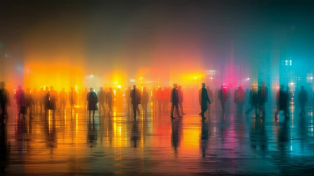 A group of people walking in the rain with a blurry background