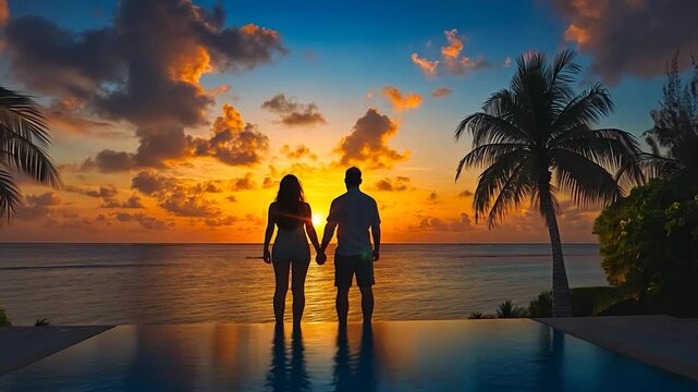 Couple Silhouetted at Sunset by the Ocean