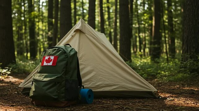 Green backpack with Canadian flag patch resting by camping tent in woods  