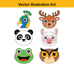Fototapeta premium Vector art of cartoon animal faces including a peacock, deer, panda, and owl