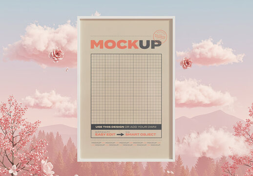 Pink Nature Scene Vertical Floating Frame Poster Image Mockup