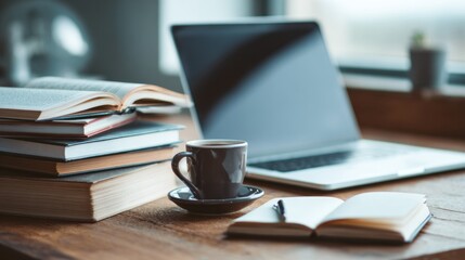 Cozy home workspace with laptop, books, and coffee on wooden table in soft focus. Modern laptop open to popular online learning platforms