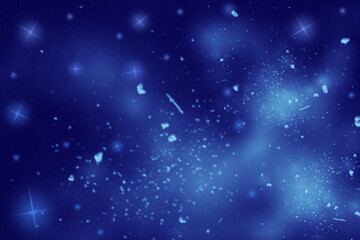 Deep blue cosmic background with sparkling stars and scattered celestial dust particles