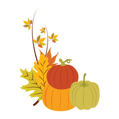 Vector corner with leaves and stack of orange, yellow and green pumpkin frames for fall, autumn vector template for Thanksgiving day isolated on white background