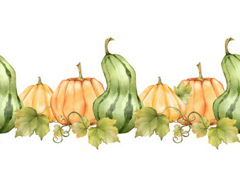 Seamless Autumn Pumpkins Hand-Drawn Border