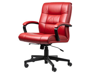 A red leather office chair isolated on a transparent background.