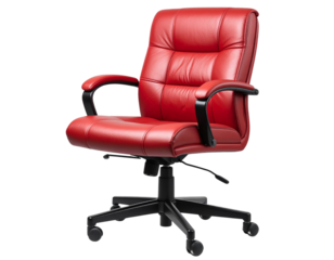 A red leather office chair isolated on a transparent background.