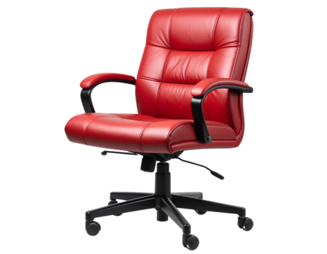 A red leather office chair isolated on a transparent background.