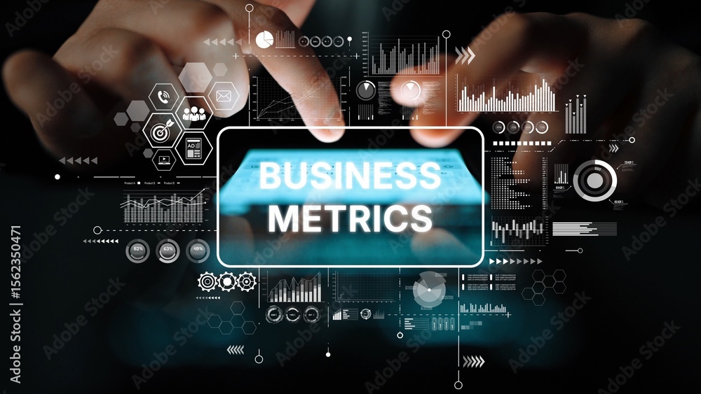 Poster detailed analysis of business metrics software with hands on digital interface in modern workspace e
