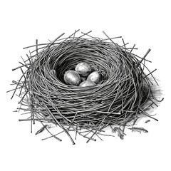A detailed drawing of a delicate nest cradles a clutch of speckled eggs, symbolizing new life and the beauty of nature's creations. vector illustration