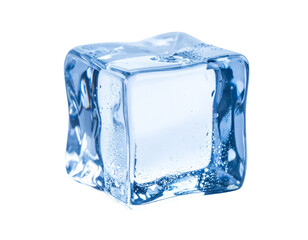 A single, clear ice cube with a frosted surface and a slight blue tint, isolated transparent background.