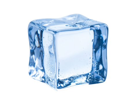 A single, clear ice cube with a frosted surface and a slight blue tint, isolated transparent background.