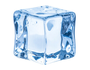 Obraz premium A single, clear ice cube with a frosted surface and a slight blue tint, isolated transparent background.