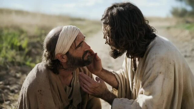 Sacred vision moment: Jesus Christ gesture, blind man healing, Savior hand, divine mercy, miracle power, spiritual light, compassionate act, restored sight, holy presence, transforming grace