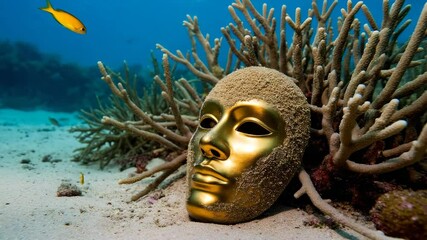 Golden stage mask underwater photo, blue and sandy tones, metaphor for hidden identity and lost treasure
