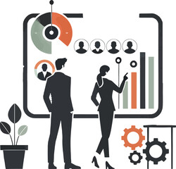 Business professionals reviewing data analytics insights and corporate performance indicators for strategic planning