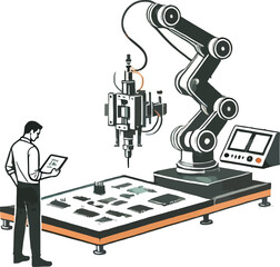 Automated industrial manufacturing process with robot arm and technician control