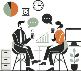 Business colleagues discussing ideas over coffee near office supplies and financial growth charts
