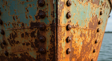 Rusted metal bow of an old ship with turquoise and orange colors  