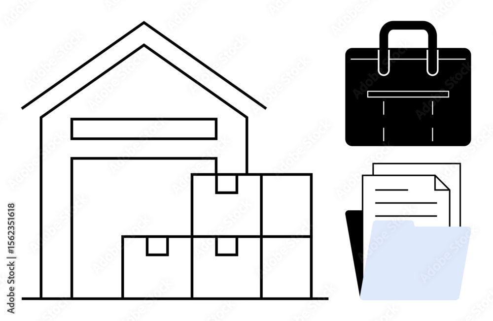 Poster warehouse structure with stacked boxes, briefcase symbolizing business, and folder representing docu