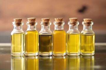 Six Small Glass Bottles of Golden Oil with Cork Stoppers.