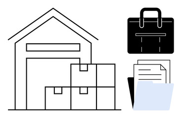 Warehouse structure with stacked boxes, briefcase symbolizing business, and folder representing document organization. Ideal for logistics, supply chain, business, storage, inventory, shipping