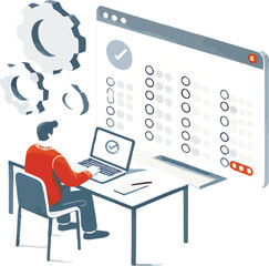 Online quiz or exam taking process illustrated with laptop and test form