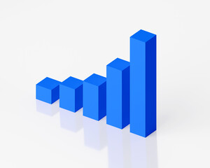 3D Bar Graph Blue Rising Exponentially Top Side View with Glass Reflection White Background, Presentation Business Graphic