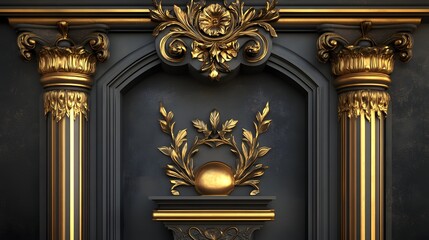 3D render showcases ornate golden columns and decorative elements against a black background.