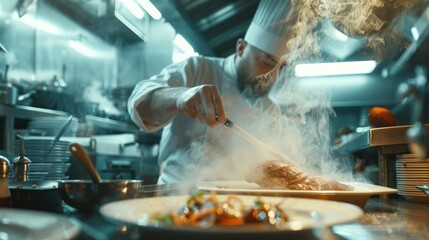 Chef prepares food with smoke