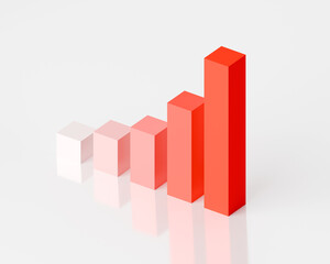 3D Bar Graph Red Gradient Rising Exponentially Top Side View with Glass Reflection White Background, Presentation Business Graphic