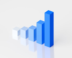 3D Bar Graph Blue Gradient Rising Exponentially Top Side View with Glass Reflection White Background, Presentation Business Graphic