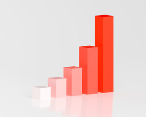 3D Bar Graph Red Gradient Rising Exponentially Side View with Glass Reflection White Background, Presentation Business Graphic