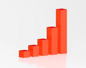 3D Bar Graph Red Rising Exponentially Side View with Glass Reflection White Background, Presentation Business Graphic